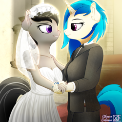 Size: 2160x2160 | Tagged: safe, artist:etheria galaxia, dj pon-3, octavia melody, vinyl scratch, earth pony, unicorn, anthro, g4, clothes, dress, duo, female, holding hands, horn, lesbian, mare, married couple, ship:scratchtavia, shipping, smiling, tuxedo, watermark, wedding dress