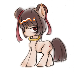 Size: 2560x2560 | Tagged: safe, alternate version, artist:invalid, earth pony, pony, aside glance, colt, double buns, foal, full body, hair bun, looking at you, male, ne zha, neck rings, ponified, simple background, solo, white background