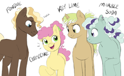 Size: 2388x1471 | Tagged: safe, artist:blue-aesthetic, li'l cheese, oc, oc:cheesecake, oc:fondue, oc:key lime, oc:marble soda, earth pony, pony, unicorn, g4, alternate name, brother and sister, cousins, female, horn, male, mare, name, offspring, parent:cheese sandwich, parent:limestone pie, parent:marble pie, parent:pinkie pie, parents:cheesepie, siblings, simple background, stallion, white background