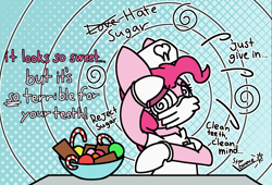 Size: 1763x1202 | Tagged: safe, artist:starbounce, pinkie pie, earth pony, pony, g4, bowl, brainwashed, brainwashing, candy, candy cane, chocolate, clothes, dentist, dentist fetish, dialogue, food, gloves, gum, hat, hypnosis, hypnotized, latex, latex gloves, looking at something, looking sideways, mask, motion lines, nurse, nurse hat, raised hoof, rubber, simple background, spiral, surgical mask, swirly eyes, table, uniform