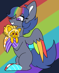 Size: 1614x2008 | Tagged: safe, artist:icydarkflame, oc, oc only, oc:plush hues, oc:swirlie scribble, pegasus, pony, button, buttons, female, grin, lesbian, mare, markings, multicolored hair, oc x oc, one eye closed, rainbow hair, shipping, sittinh, smiling, solo, wink