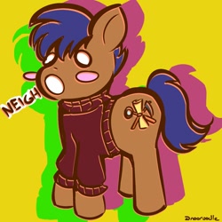 Size: 1024x1024 | Tagged: safe, artist:nooroodle, oc, oc only, oc:dicey digs, earth pony, blue mane, brown coat, clothes, neigh, simple background, solo, turtleneck, yellow background