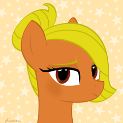 Size: 1280x1280 | Tagged: safe, artist:kharmacal, oc, oc only, oc:clovis point, brown coat, brown eyes, bust, hair bun, solo, unamused, yellow mane