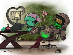 Size: 2000x1500 | Tagged: safe, artist:aaathebap, earth pony, robot, unicorn, fallout equestria, armor, duo, fallout, female, hood, horn, lesbian, mare, nuka cola, raised tail, roboticization, sparkle cola, tail, welding mask