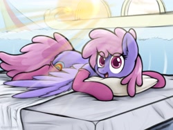 Size: 4000x3000 | Tagged: safe, artist:aaathebap, rainbowshine, pegasus, g4, bed, bedroom, clothes, looking at you, lying down, pillow, prone, socks, sunshine