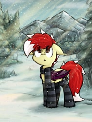 Size: 1500x2000 | Tagged: safe, artist:aaathebap, oc, oc:aaaaaaaaaaa, bat pony, cute, forest, mountain, mountain range, nature, snow, snowfall, soft color, tree