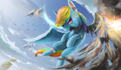 Size: 4531x2619 | Tagged: safe, artist:bighm, rainbow dash, pegasus, pony, g4, amputee, artificial wings, augmented, blade, earpiece, energy weapon, epic, female, fight, flying, high res, injured, machine, mare, missile, mouth hold, outdoors, prosthetic limb, prosthetic wing, prosthetics, sky, solo, sword, ufo, weapon, wingblade, wings