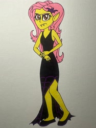 Size: 3024x4032 | Tagged: safe, artist:dylanwayneburk, fluttershy, human, equestria girls, g4, my little pony: friendship is magic, scare master, season 5, black dress, contact lens, costume, dress, fake ears, fake fangs, fake flutterbat, female, flutterbat costume, halloween, halloween costume, holiday, nightmare night costume, simple background, solo, traditional art