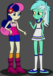 Size: 1964x2845 | Tagged: safe, artist:dragonkingamn, edit, bon bon, lyra heartstrings, sweetie drops, equestria girls, g4, accessory swap, boots, clothes, clothes swap, confused, cutie mark accessory, dress, duo, duo female, eyebrows, female, flower, hairband, high heel boots, jewelry, kneesocks, looking at each other, looking at someone, lyra heartstrings's boots, necklace, raised eyebrow, rose, shoes, shorts, sleeveless, sleeveless dress, socks