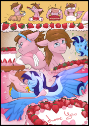 Size: 2480x3508 | Tagged: safe, artist:sinrinf, oc, earth pony, hippogriff, pony, cake, cooking, couple, food, glasses, heart, hug, love, spread wings, strawberry, wings