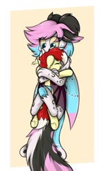 Size: 720x1200 | Tagged: safe, artist:aaathebap, oc, oc:aaaaaaaaaaa, oc:syren, bat pony, dragon, insect, moth, bat pony oc, cute, snuggling