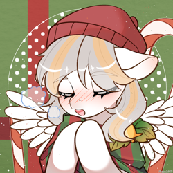 Size: 2000x2000 | Tagged: artist needed, safe, oc, oc only, oc:daodao, pegasus, abstract background, candy, candy cane, christmas, clothes, eyes closed, food, hat, holiday, pegasus oc, solo, spread wings, wings