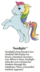 Size: 550x1000 | Tagged: safe, sunlight (g1), earth pony, pony, g1, my little pony fact file, official, adoralight, bow, cute, female, g1 backstory, hooves, mare, open mouth, open smile, rearing, smiling, solo, tail, tail bow, text, trademark