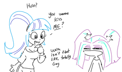 Size: 1070x639 | Tagged: safe, artist:tjpones, aria blaze, sonata dusk, human, equestria girls, g4, dialogue, doodle, duo, duo female, female, frown, lesbian, narrowed eyes, open mouth, open smile, ship:arisona, shipping, simple background, smiling, white background