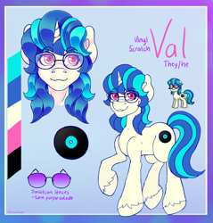 Size: 3790x3964 | Tagged: safe, artist:elusivepurple, dj pon-3, vinyl scratch, oc, pony, unicorn, g4, alternate cutie mark, commission, glasses, horn, kinsona, nonbinary, reference sheet