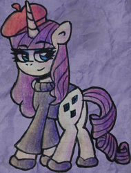 Size: 2869x3777 | Tagged: safe, artist:rosa ushiromiya, rarity, pony, unicorn, g4, beatnik rarity, beret, clothes, female, hat, horn, looking at you, mare, smiling, smiling at you, solo, sweater, traditional art