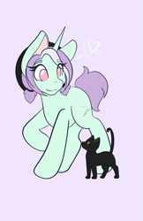 Size: 1325x2048 | Tagged: safe, artist:mscolorsplash, oc, oc only, oc:mod chi, cat, pony, unicorn, eye clipping through hair, female, heart, horn, mare, no pupils, ponysona, purple background, simple background, smiling, solo