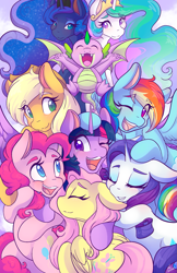 Size: 1325x2047 | Tagged: safe, artist:mscolorsplash, applejack, fluttershy, pinkie pie, princess celestia, princess luna, rainbow dash, rarity, spike, twilight sparkle, alicorn, dragon, earth pony, pegasus, pony, unicorn, g4, belly, blushing, crying, cute, cutelestia, dashabetes, diapinkes, eye clipping through hair, eyebrows, eyebrows visible through hair, eyes closed, female, floppy ears, group hug, horn, hug, jackabetes, lunabetes, male, mane seven, mane six, mare, one eye closed, open mouth, open smile, raribetes, round belly, royal sisters, shyabetes, siblings, sisters, smiling, spikabetes, spread wings, sweet dreams fuel, tears of joy, twiabetes, twilight sparkle (alicorn), wholesome, winged spike, wings