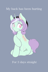 Size: 1365x2048 | Tagged: safe, artist:mscolorsplash, oc, oc only, oc:mod chi, pony, unicorn, eyebrows, eyebrows visible through hair, female, gray background, horn, looking back, mare, no pupils, pain, ponysona, simple background, sitting, solo, text