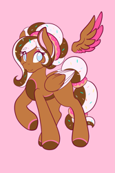 Size: 1365x2048 | Tagged: safe, artist:mscolorsplash, oc, oc only, pegasus, pony, colored belly, colored hooves, colored wings, colored wingtips, donut, eye clipping through hair, eyebrows, eyebrows visible through hair, female, food, hooves, looking at you, mare, no pupils, pink background, redesign, simple background, smiling, smiling at you, solo, sprinkles in mane, wings