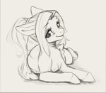 Size: 1272x1107 | Tagged: safe, artist:miokomata, oc, oc only, oc:mio, pegasus, pony, female, floppy ears, grayscale, looking at you, lying down, mare, monochrome, prone, simple background, smiling, smiling at you, solo, white background