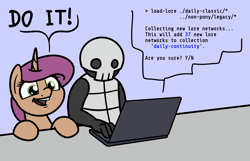 Size: 2047x1316 | Tagged: safe, artist:ewoudcponies, oc, oc:drawbones, oc:jazzy saddles, human, pony, unicorn, computer, duo, duo male and female, female, horn, laptop computer, male, mare, speech bubble