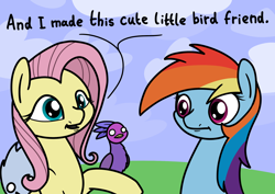 Size: 2048x1448 | Tagged: safe, artist:ewoudcponies, fluttershy, rainbow dash, bird, pegasus, pony, g4, dialogue, female, mare, outdoors