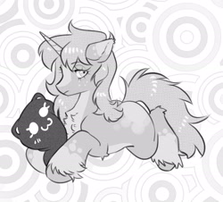 Size: 2700x2442 | Tagged: safe, artist:opalacorn, oc, oc only, pony, unicorn, abstract background, black and white, chest fluff, countershading, female, grayscale, horn, lying down, mare, monochrome, plushie, prone, solo, unshorn fetlocks