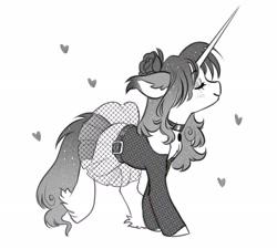 Size: 2700x2435 | Tagged: safe, artist:opalacorn, oc, oc only, pony, unicorn, black and white, clothes, collar, eyes closed, female, fetlock tuft, floating heart, floppy ears, grayscale, heart, horn, long horn, mare, monochrome, see-through, simple background, skirt, solo, white background