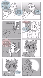 Size: 2278x4096 | Tagged: safe, artist:opalacorn, oc, oc only, oc:blue skies, earth pony, pegasus, pony, babysitting, book, colt, comic, cute, dialogue, duo, duo male, foal, foalsitter, grayscale, male, monochrome, onomatopoeia, partial color, reading, sound effects, stallion, zzz