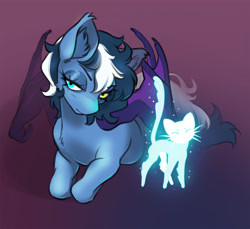 Size: 2700x2478 | Tagged: safe, artist:opalacorn, oc, oc only, oc:whispy willow, bat pony, cat, ghost, pony, undead, bat pony oc, ear fluff, female, gradient background, heterochromia, lidded eyes, lying down, mare, prone, solo