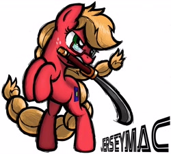 Size: 4320x3892 | Tagged: safe, artist:forgeey, oc, oc only, oc:jerseymac, earth pony, simple background, solo, standing on two hooves, sword, text, weapon, white background