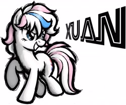 Size: 4320x3584 | Tagged: safe, artist:forgeey, oc, oc only, oc:xuan, earth pony, simple background, solo, standing, text, white background