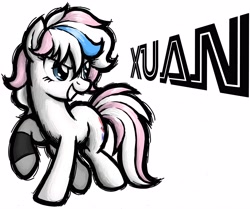 Size: 4320x3608 | Tagged: safe, artist:forgeey, oc, oc only, oc:xuan, earth pony, simple background, solo, standing, text, white background