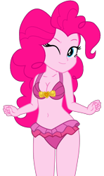 Size: 1140x1929 | Tagged: safe, artist:shieldwingarmorofgod, artist:yaya54320bases, pinkie pie, human, equestria girls, g4, bare shoulders, belly, belly button, bikini, breasts, clothes, cute, diapinkes, female, midriff, one eye closed, simple background, smiling, solo, stupid sexy pinkie, swimsuit, transparent background, vector, wink