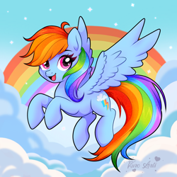 Size: 2048x2048 | Tagged: safe, artist:kuroarts, artist:kuroartss, rainbow dash, pegasus, pony, g4, cloud, female, mare, open mouth, open smile, rainbow, smiling, solo, spread wings, wings