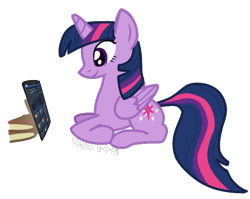 Size: 602x479 | Tagged: safe, artist:neowemu, twilight sparkle, alicorn, pony, g4, book, cutie mark, equine, female, fimfiction, folded wings, horn, lying down, mare, ponyloaf, prone, smiling, solo, tablet, twilight sparkle (alicorn), wings