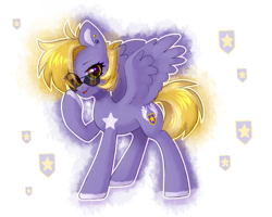 Size: 2500x2000 | Tagged: safe, alternate version, artist:avrameow, oc, oc only, oc:lila lilark, pegasus, pony, birthmark, cutie mark, female, mare, raised hoof, solo, spread wings, sunglasses, wings