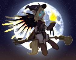 Size: 3800x3000 | Tagged: safe, artist:avrameow, pony, broom, clothes, cosplay, costume, flying, flying broomstick, full moon, hat, magic, mercy, moon, overwatch, ponified, solo, witch, witch hat