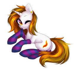 Size: 2056x1912 | Tagged: safe, artist:avrameow, oc, oc only, oc:aurora shinespark, pony, unicorn, clothes, commission, cute, ear piercing, earring, female, horn, jewelry, looking at you, mare, one eye closed, piercing, simple background, socks, striped socks, transparent background, ych result