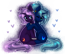 Size: 2600x2180 | Tagged: safe, artist:avrameow, oc, oc only, oc:novus flux, oc:tenebris flux, pony, unicorn, annoyed, blushing, cute, duo, duo female, ear piercing, earring, female, freckles, horn, hug, jewelry, leg rings, one eye closed, piercing, ponytail, siblings, simple background, sisters, sitting, wink