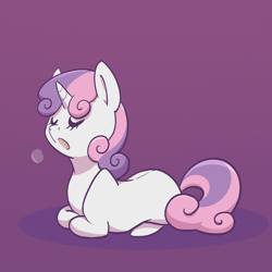 Size: 2048x2048 | Tagged: safe, artist:pfeffaroo, sweetie belle, pony, unicorn, g4, blank flank, breath, cute, diasweetes, eyes closed, female, filly, foal, high res, horn, lying down, open mouth, ponyloaf, prone, purple background, simple background, solo, three quarter view, yawn