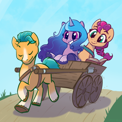 Size: 2048x2048 | Tagged: safe, artist:pfeffaroo, hitch trailblazer, izzy moonbow, sunny starscout, earth pony, pony, unicorn, g5, badge, bag, book, cart, eyes closed, female, grass, high res, horn, male, mare, path, satchel, smiling, stallion, trio, underhoof, unshorn fetlocks