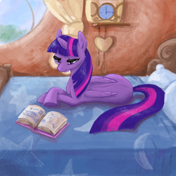 Size: 2048x2048 | Tagged: safe, artist:pfeffaroo, twilight sparkle, alicorn, pony, g4, bed, bedroom, book, clock, female, folded wings, golden oaks library, heart, high res, lying down, lying on bed, mare, on bed, pillow, prone, reading, smiling, solo, twilight sparkle (alicorn), window, wings