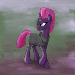 Size: 2048x2048 | Tagged: safe, artist:pfeffaroo, fizzlepop berrytwist, tempest shadow, pony, unicorn, g4, broken horn, cloak, clothes, female, high res, horn, looking away, mare, raised hoof, solo, standing, three quarter view, turned head