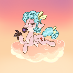 Size: 2048x2048 | Tagged: safe, artist:pfeffaroo, cozy glow, pegasus, pony, g4, bow, cloud, female, filly, floppy ears, foal, freckles, gingerbread (food), gingerbread pony, gradient background, hair bow, high res, lidded eyes, looking at you, lying down, mouth hold, on a cloud, prone, smiling, smug, solo, tail, tail bow, three quarter view, wings