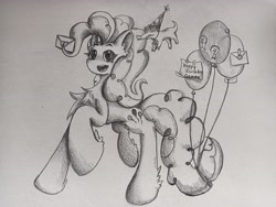 Size: 4160x3120 | Tagged: safe, artist:cui5255365, gummy, pinkie pie, alligator, earth pony, pony, g4, balloon, female, full body, mare, pencil drawing, solo, traditional art