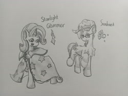 Size: 4160x3120 | Tagged: safe, artist:cui5255365, starlight glimmer, sunburst, pony, unicorn, g4, duo, duo male and female, female, horn, male, monochrome, pencil drawing, traditional art