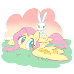 Size: 2233x2233 | Tagged: safe, artist:pfeffaroo, angel bunny, fluttershy, pegasus, pony, rabbit, g4, angel is a bunny bastard, animal, chick, cute, duo, duo male and female, female, high res, lying down, male, mare, prone, shyabetes, spread wings, wings