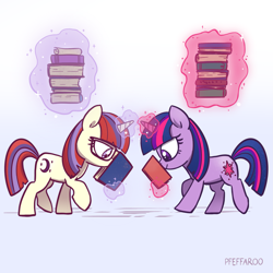 Size: 2191x2191 | Tagged: safe, artist:pfeffaroo, moondancer, twilight sparkle, pony, unicorn, g4, 2022, adorkable, book, bookworm, carrying, cute, dork, duo, duo female, female, filly, filly moondancer, filly twilight sparkle, foal, glowing, glowing horn, high res, horn, imminent crash, levitation, magic, magic aura, reading, simple background, telekinesis, that pony sure does love books, this will end in pain, unicorn twilight, younger